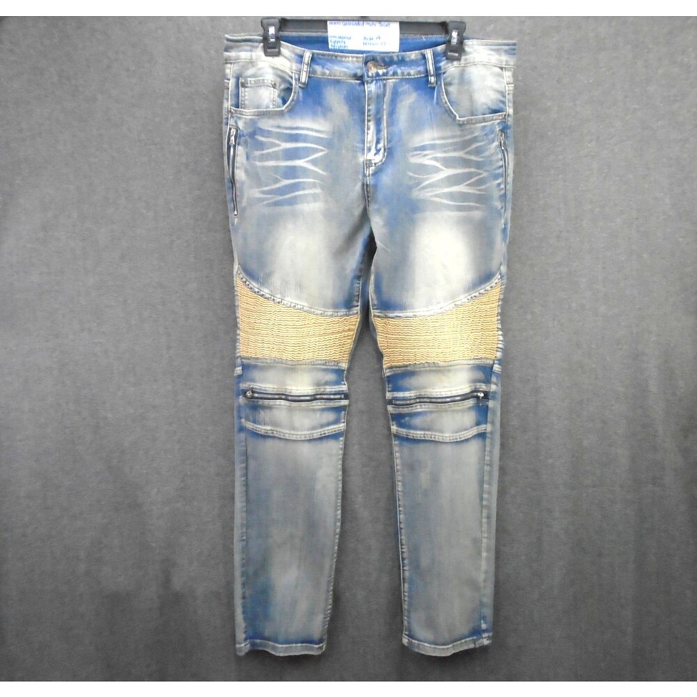 Mens Unbranded Moto Biker Jeans Size 38 Light Wash Distressed Zipper Ribbed